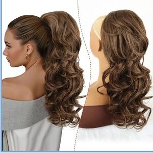 Ponytail Extension 18 inch Long Chocolate Brown Wavy Drawstring Ponytail